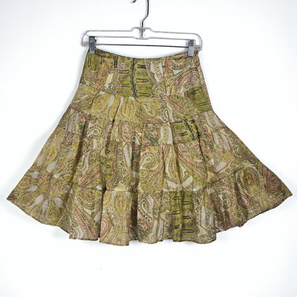 Essentiel Antwerp Paisley Tiered Skirt 100% Silk Olive Green Size 34 (26" Waist)